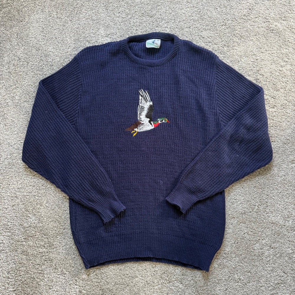 Flying Scotsman Navy Blue Mallard Duck Embroidered Knit Crewneck Sweater XL
